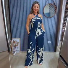 Hollow Out Print Halter Wide Leg Jumpsuit NY-10811