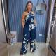 Hollow Out Print Halter Wide Leg Jumpsuit NY-10811