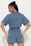 Short Sleeve Loose Washed Denim Romper LX-3573