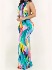 Print Halter Tie Up Backless Maxi Dress ZDF-31337