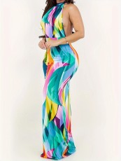 Print Halter Tie Up Backless Maxi Dress ZDF-31337