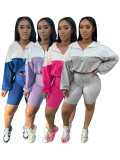 Contrast Color Long Sleeve Hooded 2 Piece Shorts Set CH-24039