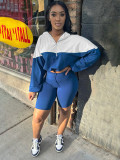 Contrast Color Long Sleeve Hooded 2 Piece Shorts Set CH-24039