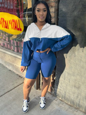 Contrast Color Long Sleeve Hooded 2 Piece Shorts Set CH-24039