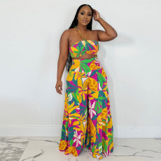Print Tie Up Wrap Chest Wide Leg Pants 2 Piece Set NY-10810