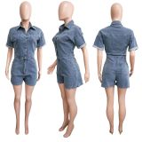 Short Sleeve Loose Washed Denim Romper LX-3573