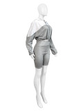 Contrast Color Long Sleeve Hooded 2 Piece Shorts Set CH-24039