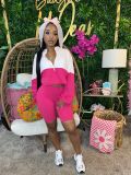 Contrast Color Long Sleeve Hooded 2 Piece Shorts Set CH-24039