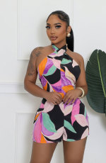 Sexy Print Halter Tie Up Backless Romper XHXF-8697