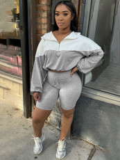 Contrast Color Long Sleeve Hooded 2 Piece Shorts Set CH-24039