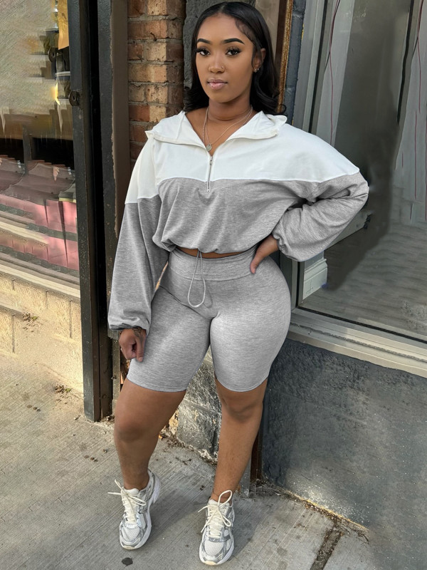 Contrast Color Long Sleeve Hooded 2 Piece Shorts Set CH-24039