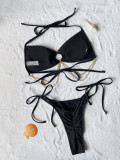 Solid Chain Splicing Tie Up Bikinis 2 Piece Swimsuit CASF-6699