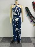 Hollow Out Print Halter Wide Leg Jumpsuit NY-10811