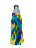 Print Halter Tie Up Backless Maxi Dress ZDF-31337