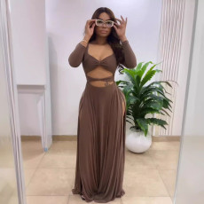 Square Neck Hollow Out Tight Split Maxi Dress NY-10815