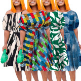 Plus Size Print Tie Up Short Sleeve Midi Dress NNWF-8027