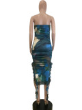 Fashion Printed Wrap Slit Ruffle Midi Dress QODY-6033