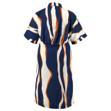 Plus Size Stripe Print Tie Up Short Sleeve Midi Dress GDAM-218615