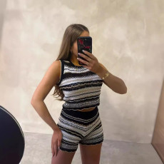 Stripe Hollow Out Sleeveless Sweater Shorts Suit QXTF-83017