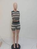 Stripe Hollow Out Sleeveless Sweater Shorts Suit QXTF-83017