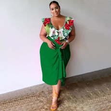 Plus Size V Neck Print Bodysuit And Half Skirt Suit NNWF-7993
