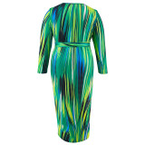 Plus Size Irregular Stripe Long Sleeve Long Dress GDAM-218508