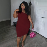 Plus Size Slash Neck Solid Color Slim Midi Dress NNWF-8022