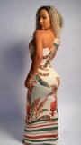 Slash Shoulder Print Hollow Out Maxi Dress QODY-6037