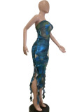 Fashion Printed Wrap Slit Ruffle Midi Dress QODY-6033