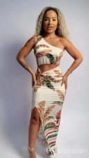 Slash Shoulder Print Hollow Out Maxi Dress QODY-6037