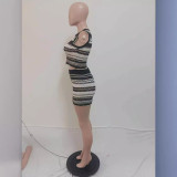 Stripe Hollow Out Sleeveless Sweater Shorts Suit QXTF-83017