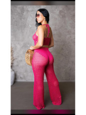 Sexy Hollow Out Solid Knit Two Piece Pants Set QXTF-83019