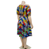 Plus Size Print Tie Up Short Sleeve Midi Dress NNWF-8027