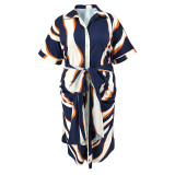 Plus Size Stripe Print Tie Up Short Sleeve Midi Dress GDAM-218615