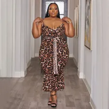 Plus Size Print Tie Up Slim Midi Dress NNWF-7989
