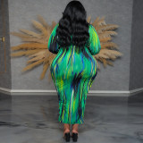 Plus Size Irregular Stripe Long Sleeve Long Dress GDAM-218508