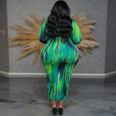 Plus Size Irregular Stripe Long Sleeve Long Dress GDAM-218508
