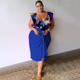 Plus Size V Neck Print Bodysuit And Half Skirt Suit NNWF-7993