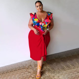 Plus Size V Neck Print Bodysuit And Half Skirt Suit NNWF-7993