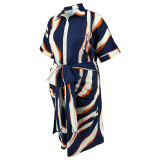 Plus Size Stripe Print Tie Up Short Sleeve Midi Dress GDAM-218615