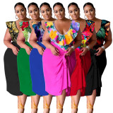 Plus Size V Neck Print Bodysuit And Half Skirt Suit NNWF-7993