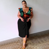Plus Size V Neck Print Bodysuit And Half Skirt Suit NNWF-7993