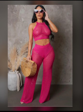 Sexy Hollow Out Solid Knit Two Piece Pants Set QXTF-83019