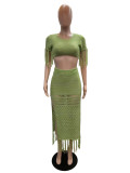 Solid Knits Tassel Tops And Long Skirts Suit QXTF-83018