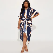 Plus Size Stripe Print Tie Up Short Sleeve Midi Dress GDAM-218615