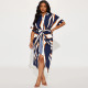 Plus Size Stripe Print Tie Up Short Sleeve Midi Dress GDAM-218615