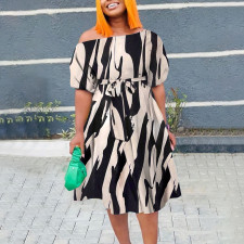 Plus Size Print Tie Up Short Sleeve Midi Dress NNWF-8027