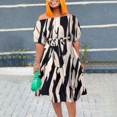 Plus Size Print Tie Up Short Sleeve Midi Dress NNWF-8027