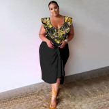 Plus Size V Neck Print Bodysuit And Half Skirt Suit NNWF-7993