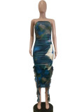 Fashion Printed Wrap Slit Ruffle Midi Dress QODY-6033